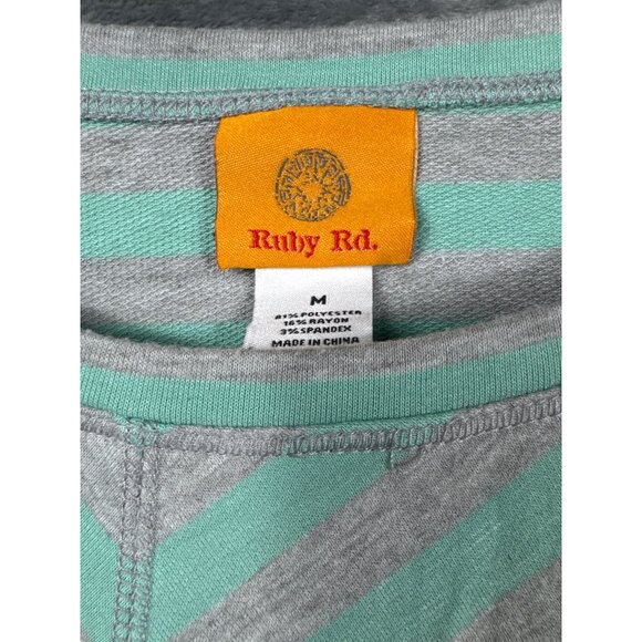 Ruby Rd. Blouse Womens Striped Top With Button Cuffs Mint & Gray Size M Shirt - Picture 2 of 6